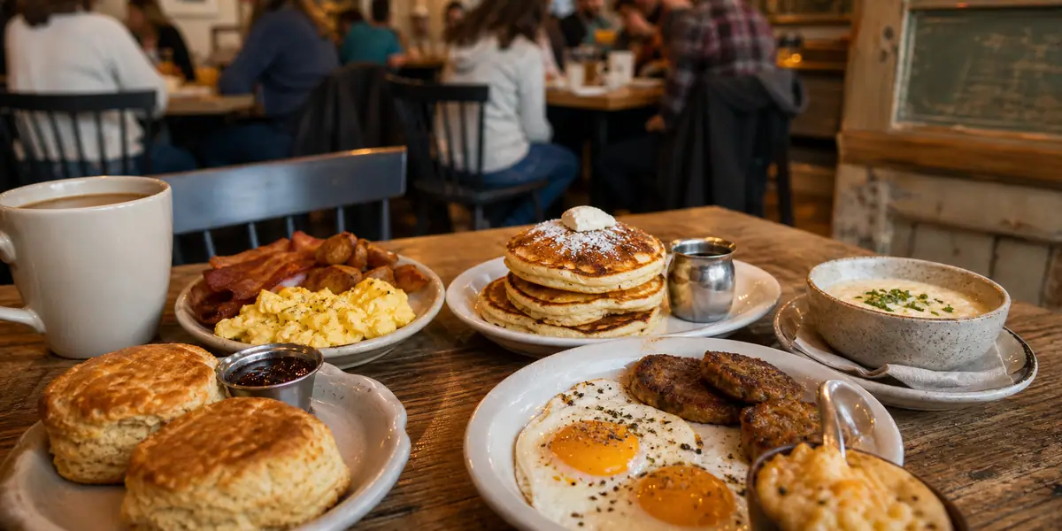 Photoreal Southern brunch spread representing Buttermilk Kitchen in Atlanta