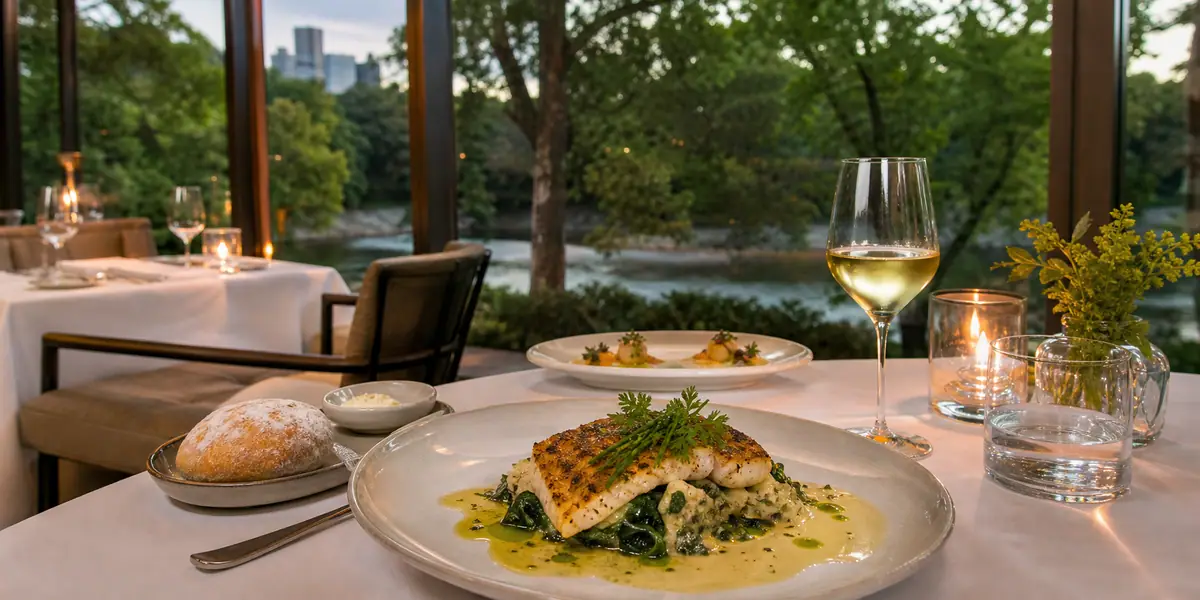 Photoreal elegant riverfront dinner scene representing Canoe in Atlanta