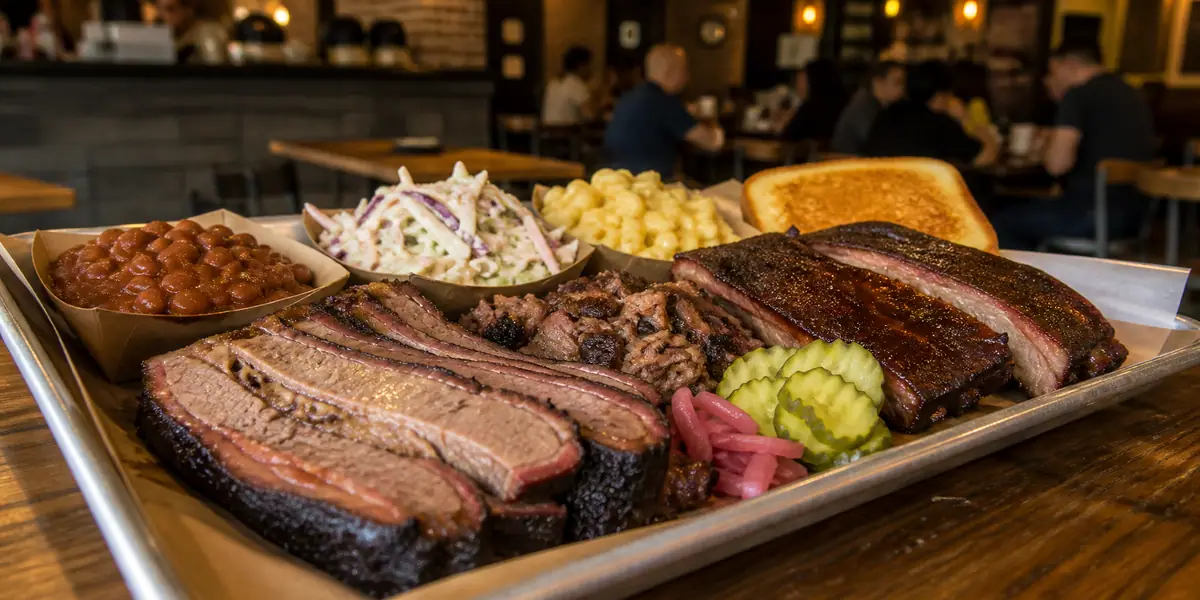 Photoreal barbecue tray scene representing Fox Bros. Bar-B-Q in Atlanta