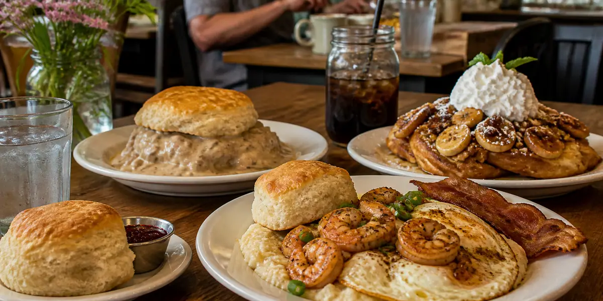 Photoreal neighborhood brunch scene representing Home grown GA Restaurant in Atlanta