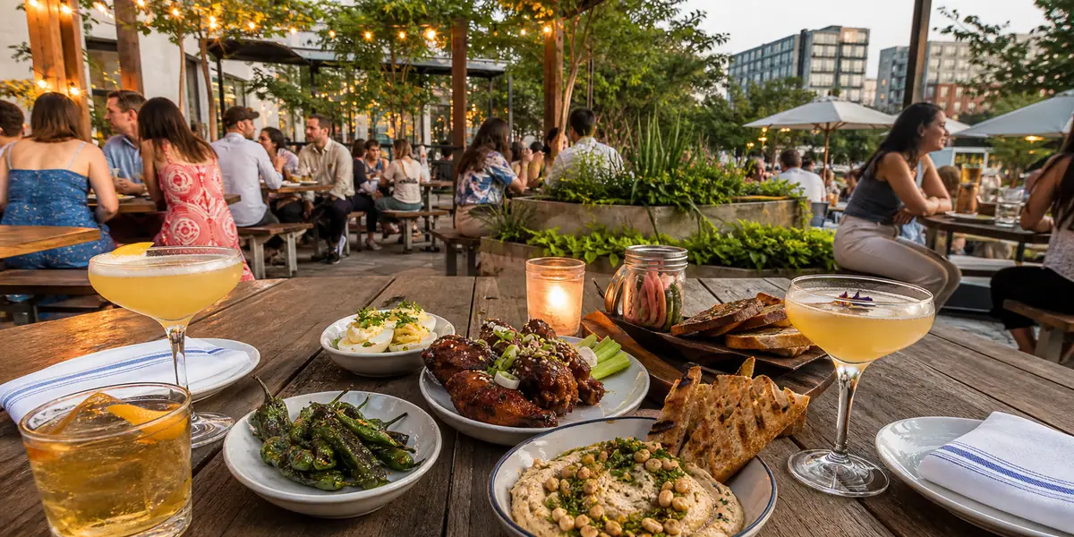 Photoreal BeltLine patio dining scene representing Ladybird Grove & Mess Hall in Atlanta