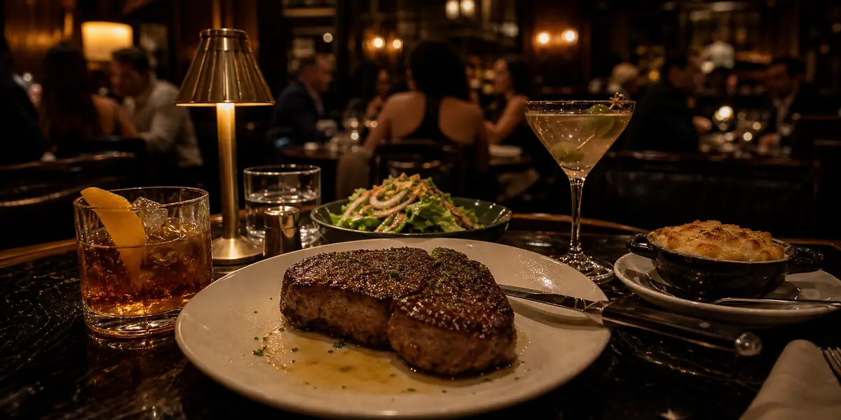 Photoreal chic steakhouse dinner scene representing Marcel in Atlanta