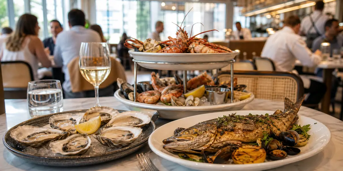 Photoreal refined seafood dinner scene representing The Optimist in Atlanta