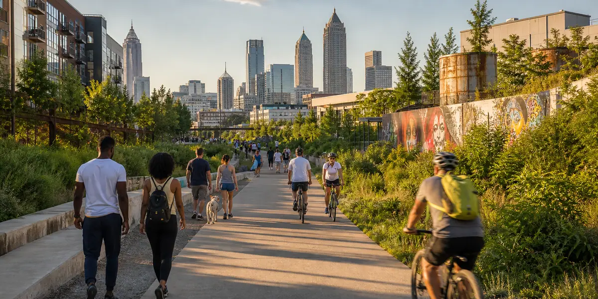 Photoreal Atlanta BeltLine trail with Midtown skyline and walkers
