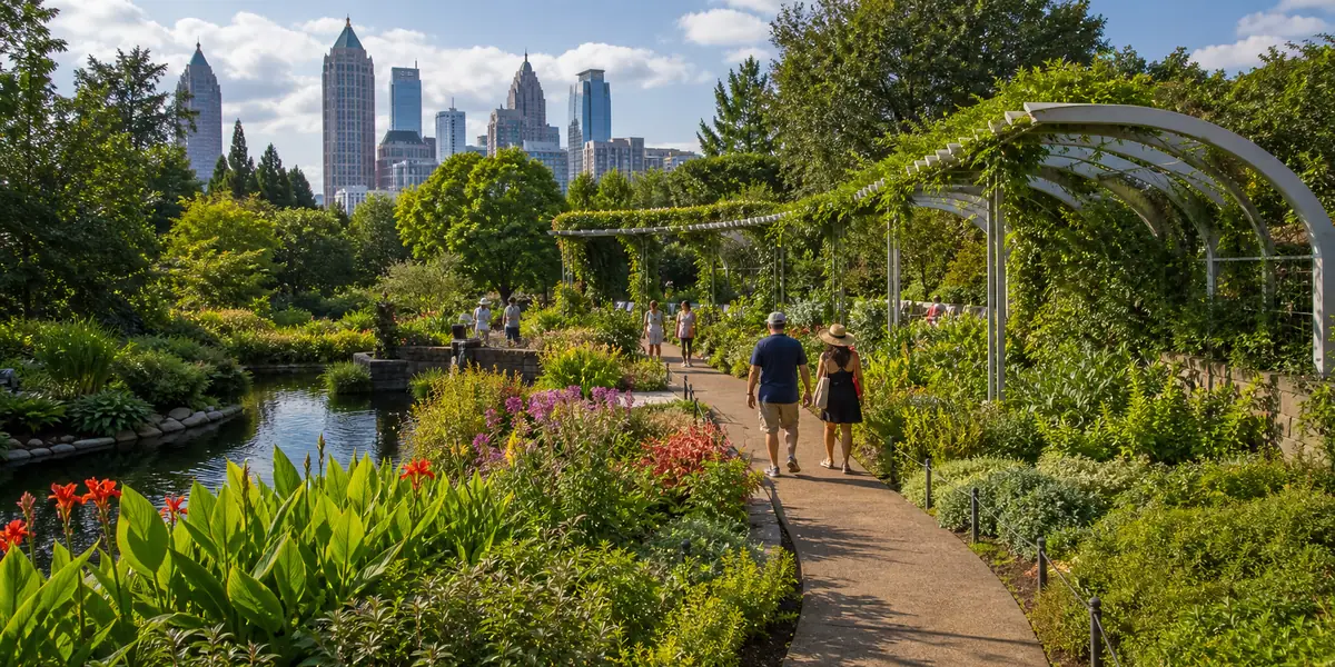 Photoreal garden walkway scene representing Atlanta Botanical Garden