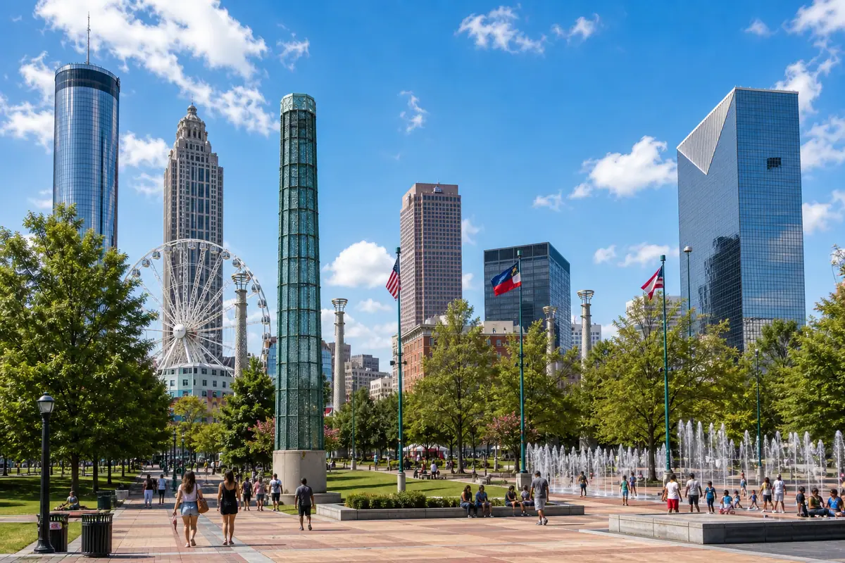 Photoreal downtown Atlanta landmark district near Centennial Olympic Park in daylight