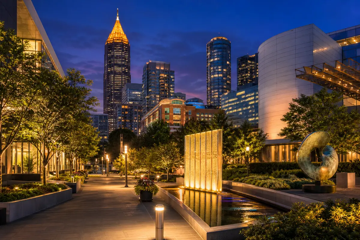 Photoreal Midtown Atlanta arts district skyline scene at dusk