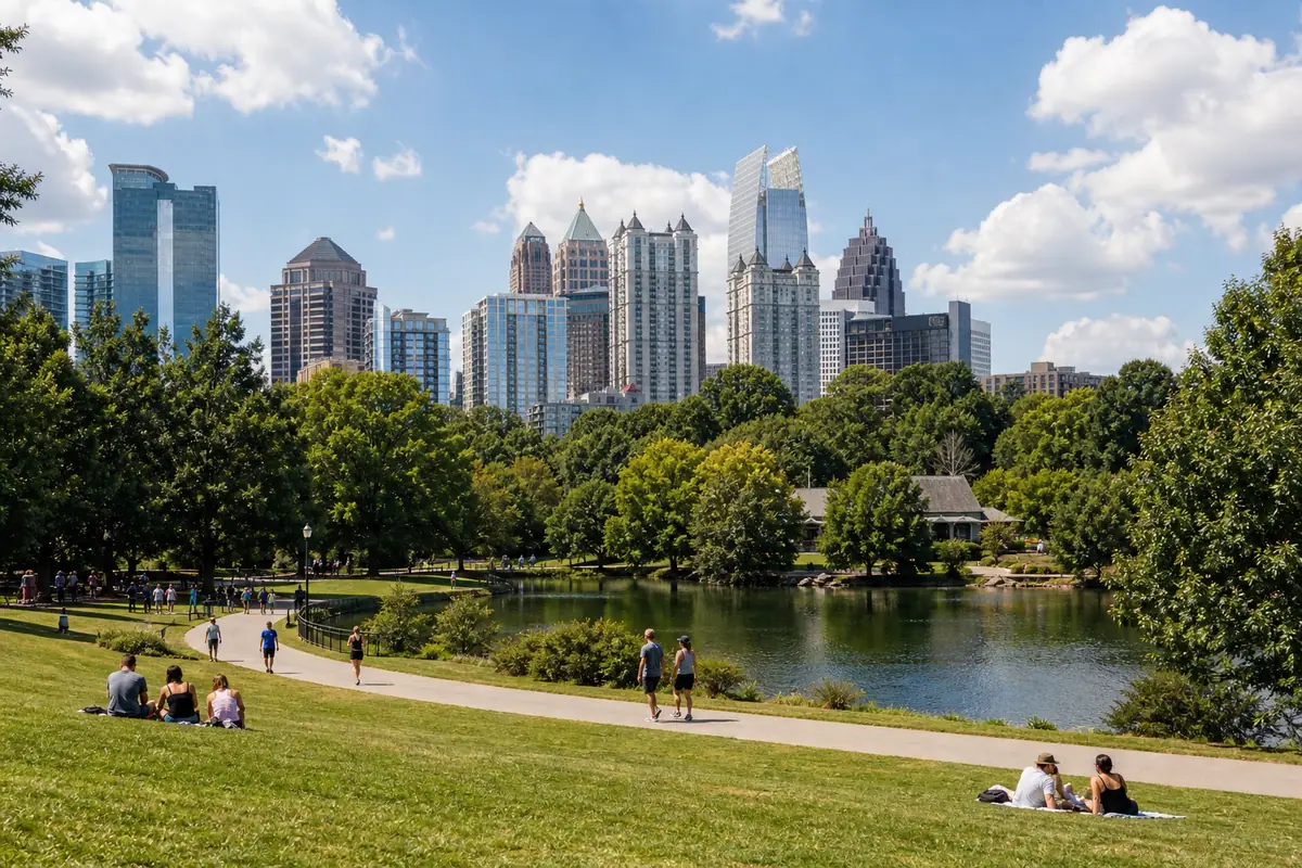 Photoreal Piedmont Park lawn and Midtown skyline in Atlanta under bright daylight