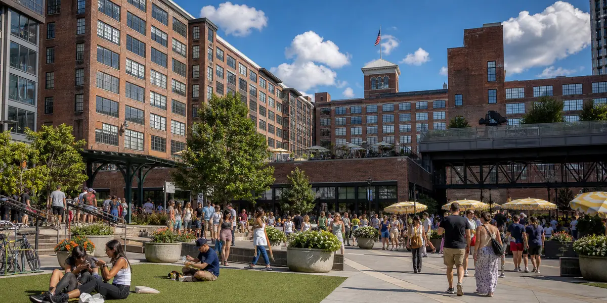 Photoreal lively exterior scene representing Ponce City Market Area in Atlanta