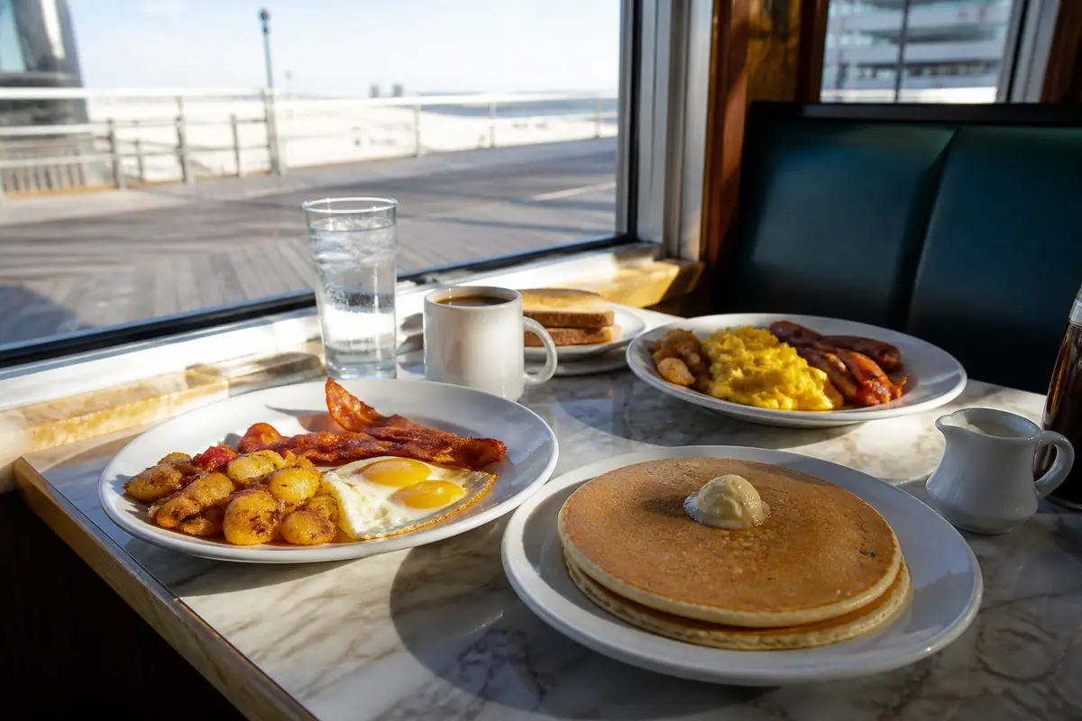 Photoreal travel-editorial view of The Breakfast Shoppe in Atlantic City