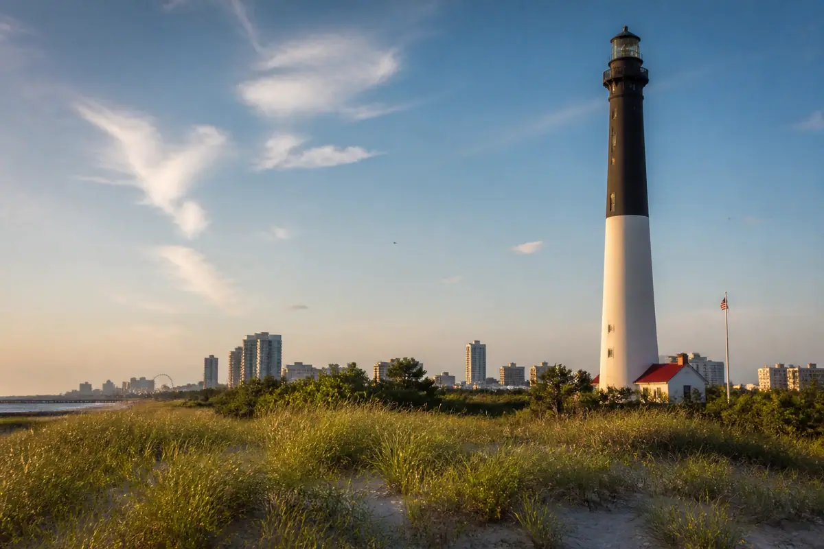 Photoreal travel-editorial view of Absecon Lighthouse in Atlantic City