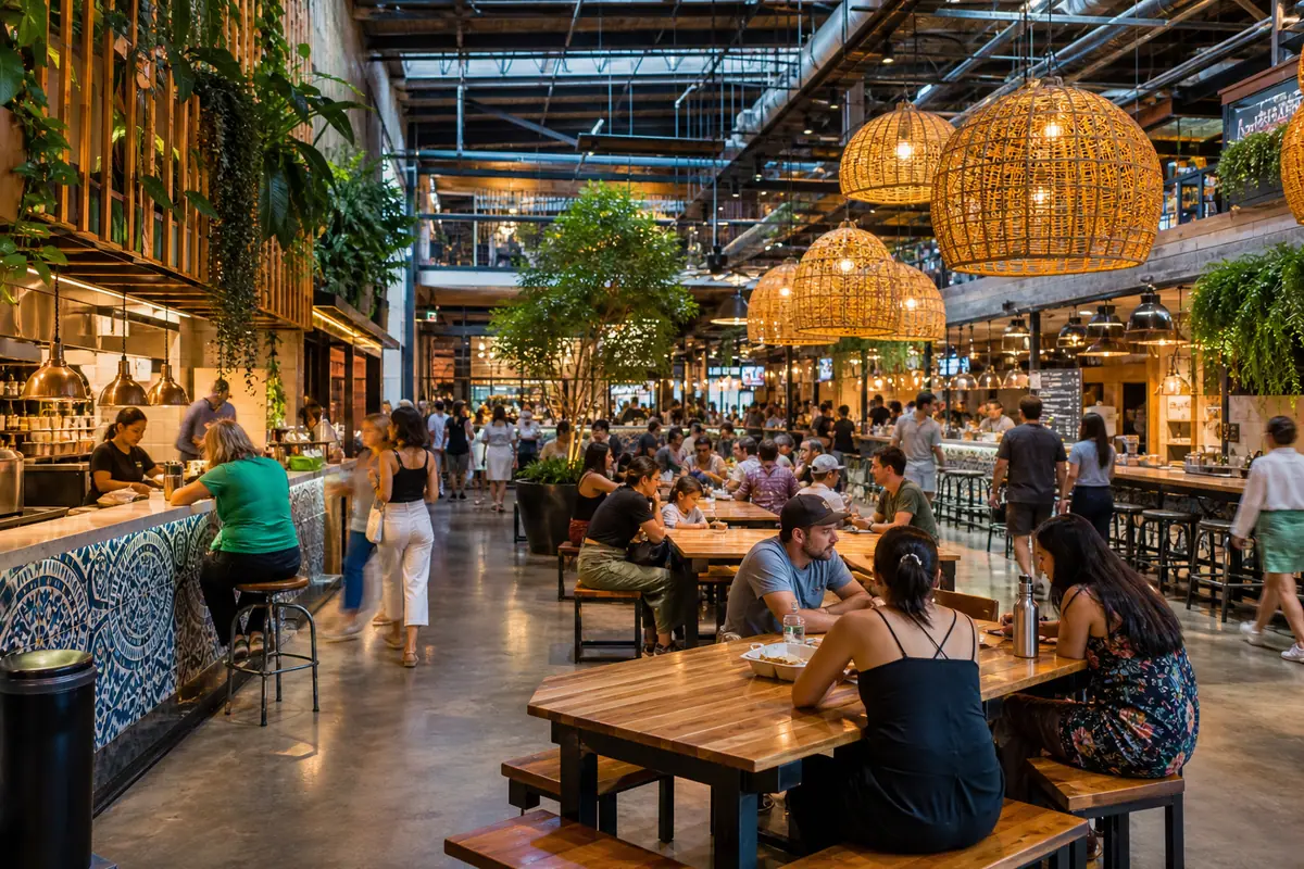 Photoreal Austin food hall and communal dining scene with busy local atmosphere