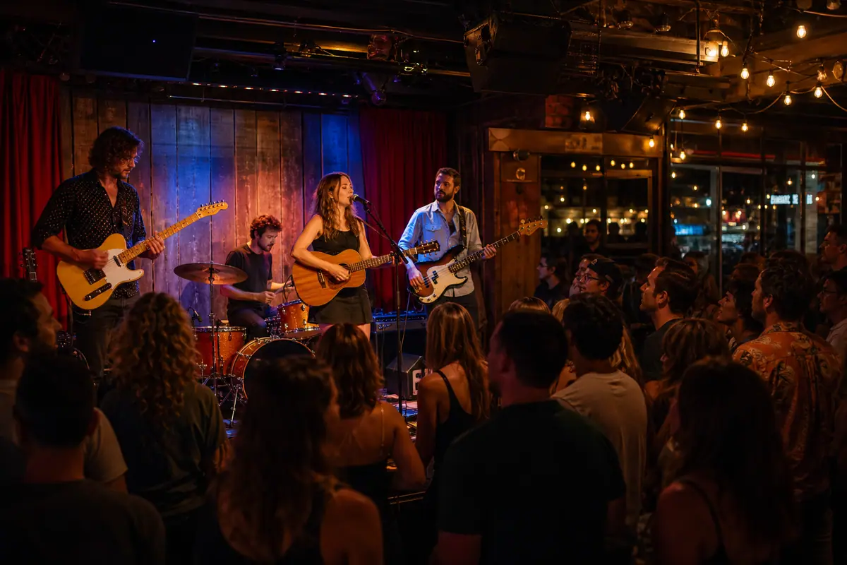 Photoreal Red River live-music venue scene in Austin at night