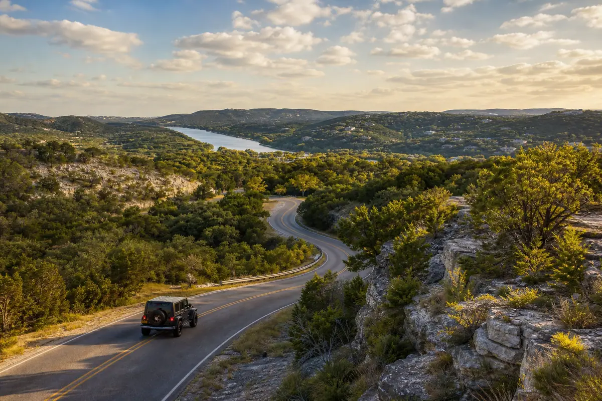 Photoreal Texas Hill Country scenic road and lake overlook near Austin in golden light