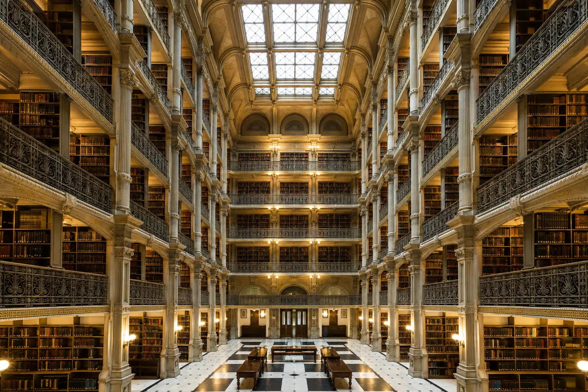 Photoreal ornate atrium of Baltimore’s George Peabody Library
