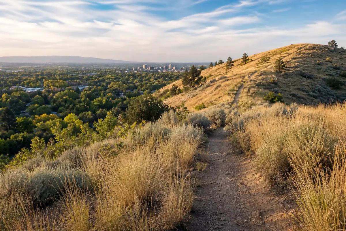 Photoreal editorial view of Camel's Back Park and Hulls Gulch Reserve in Boise