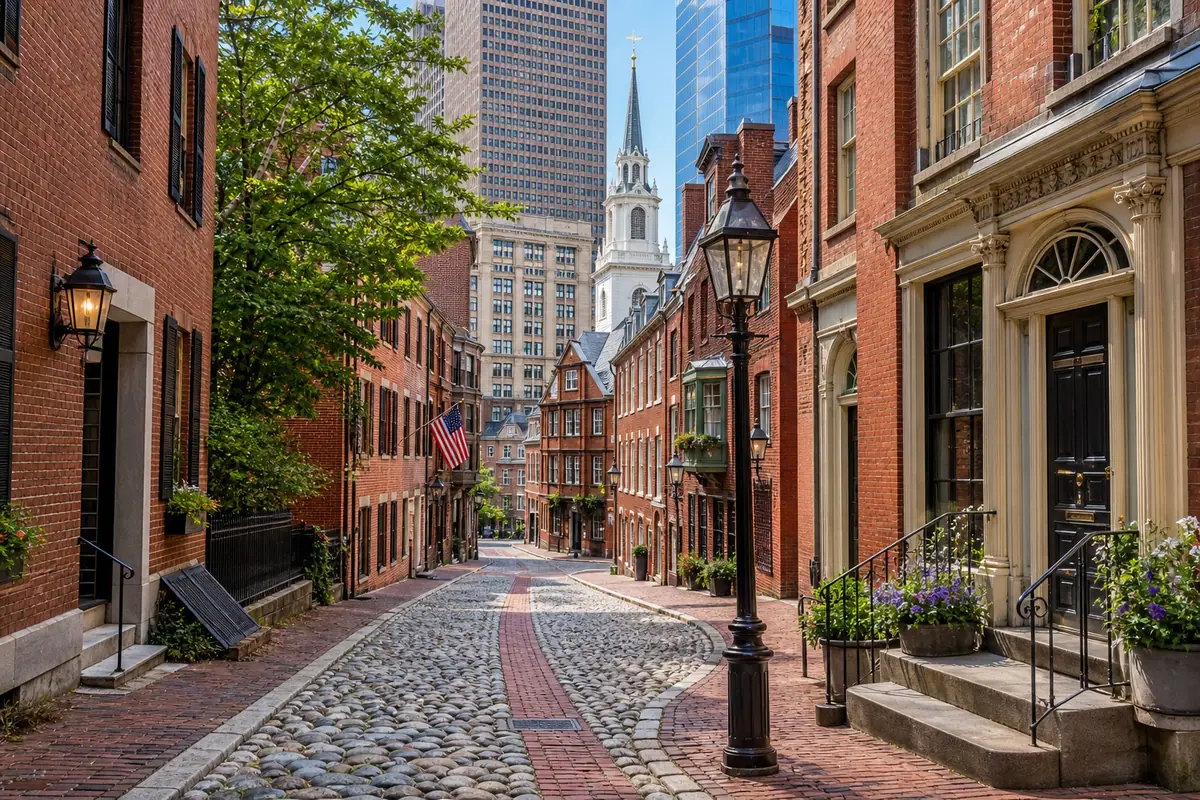 Photoreal Beacon Hill cobblestone street leading toward Boston Common and historic Boston skyline