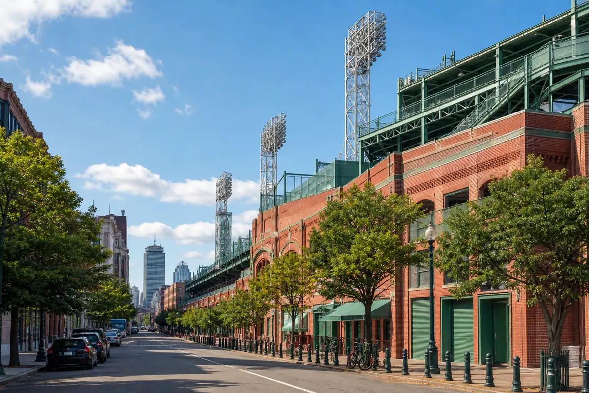 Photoreal Fenway Park exterior and Kenmore neighborhood streetscape in Boston under bright daylight