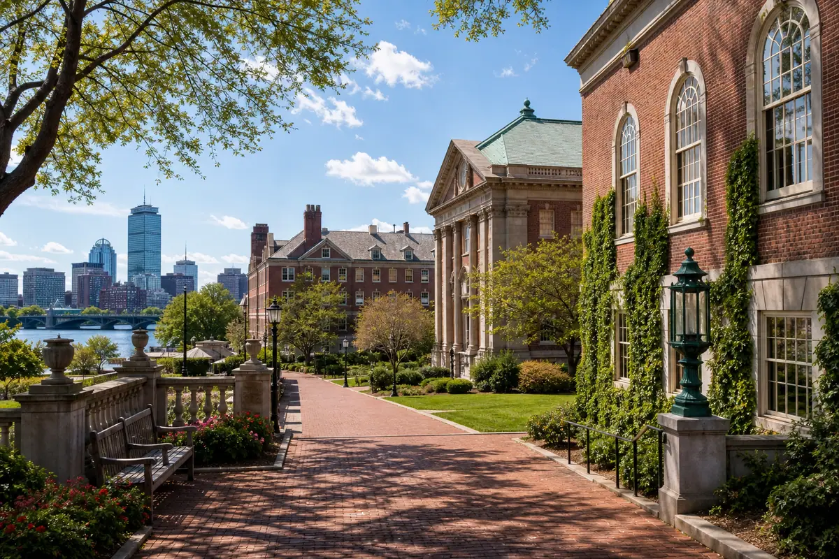 Photoreal Harvard-style Cambridge campus scene with Boston skyline across the river