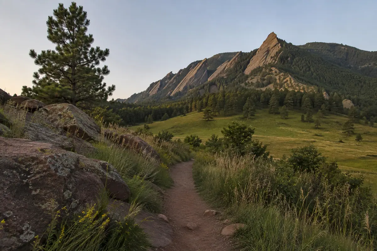 Travel-editorial view of Chautauqua Park and Flatirons Loop in Boulder, Colorado