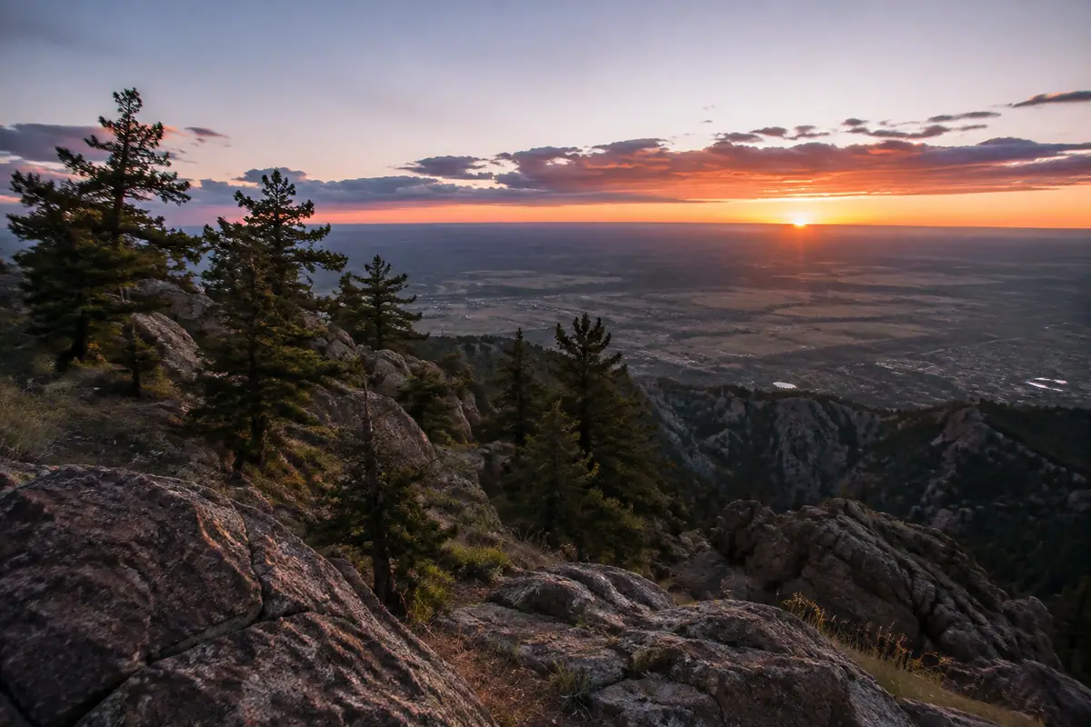 Travel-editorial view of Flagstaff Mountain and Lost Gulch Overlook in Boulder, Colorado
