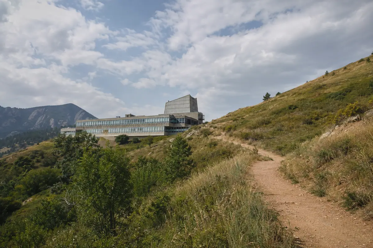Travel-editorial view of NCAR Mesa Laboratory and Mesa Trail in Boulder, Colorado