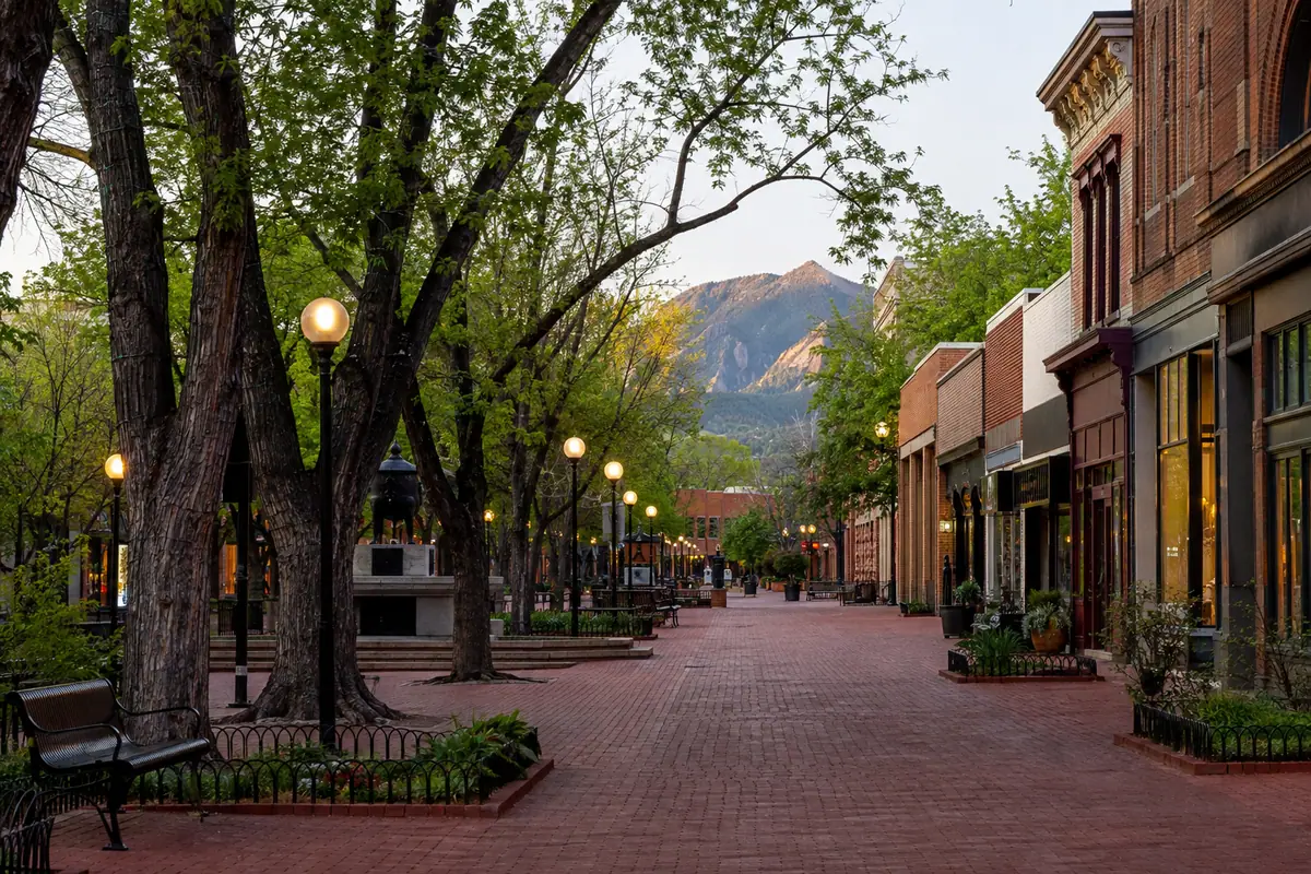 Travel-editorial view of Pearl Street Mall in Boulder, Colorado
