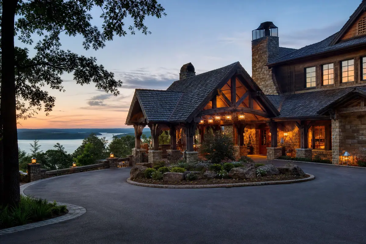 Photoreal travel-editorial view of Big Cedar Lodge in Branson, Missouri