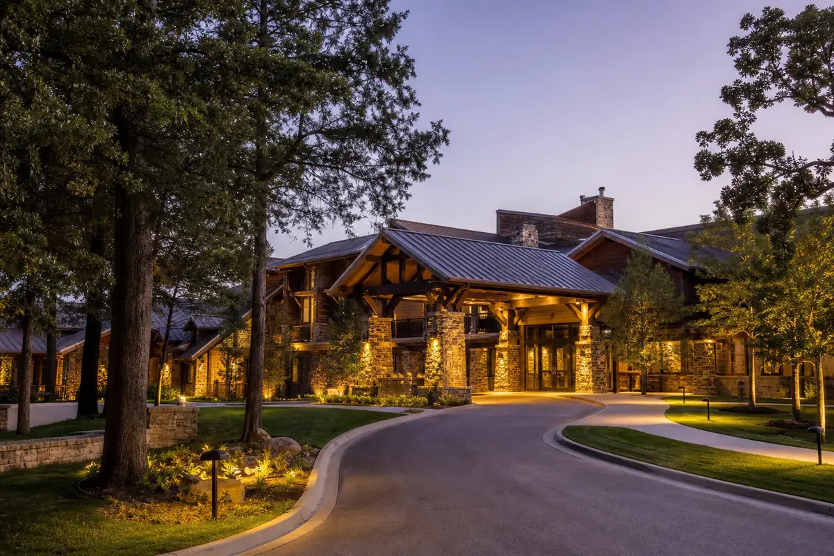 Photoreal travel-editorial view of The Keeter Center at College of the Ozarks in Branson, Missouri