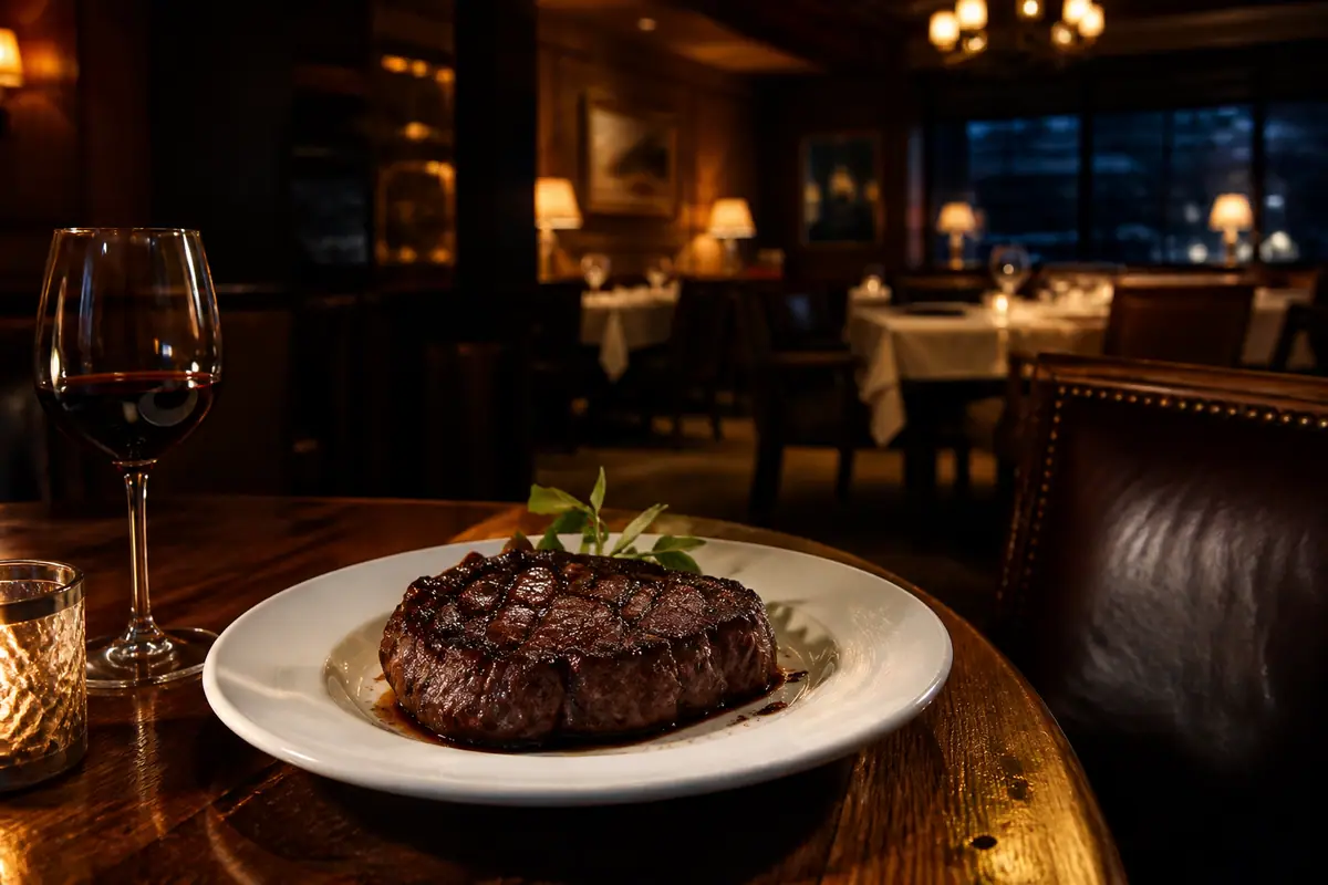 Photoreal travel-editorial view of Level 2 Steakhouse in Branson, Missouri