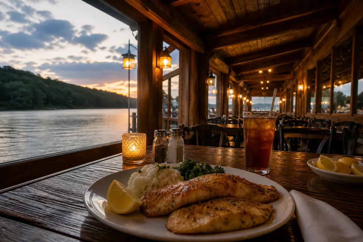 Photoreal travel-editorial view of White River Fish House in Branson, Missouri