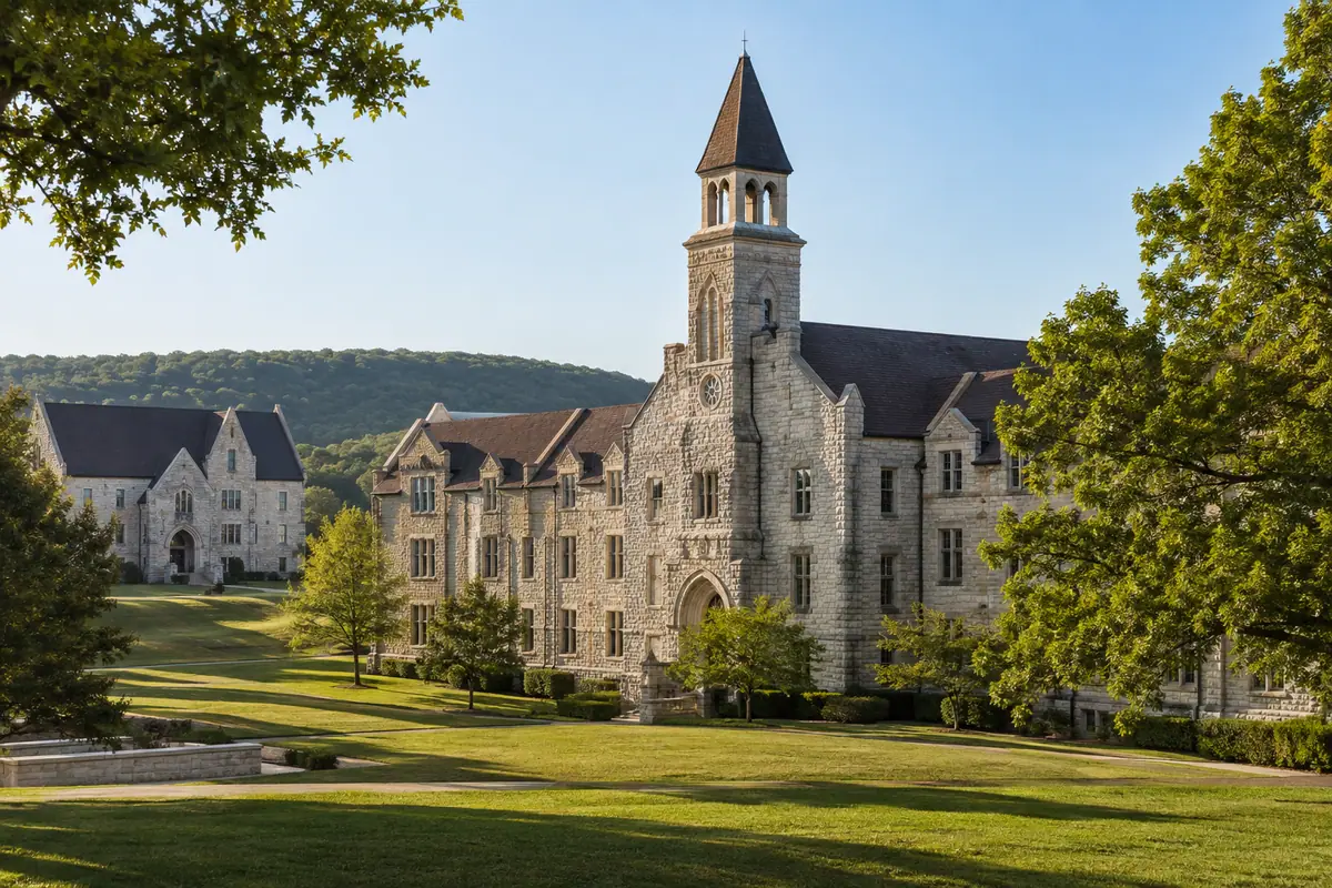 Photoreal limestone campus at College of the Ozarks near Branson
