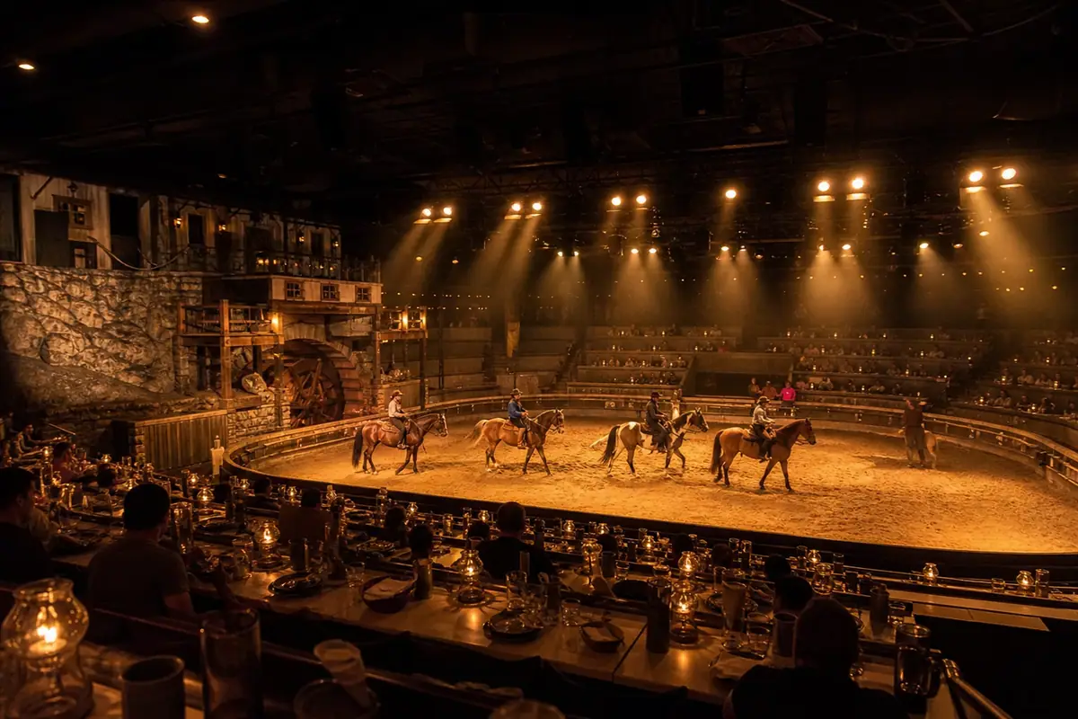 Photoreal travel-editorial view of Dolly Parton's Stampede in Branson, Missouri