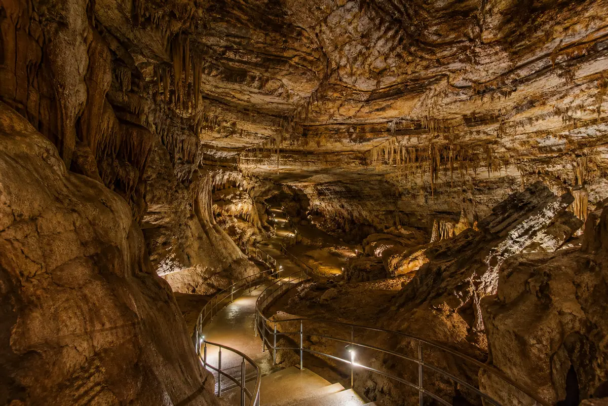 Photoreal travel-editorial view of Marvel Cave in Branson, Missouri