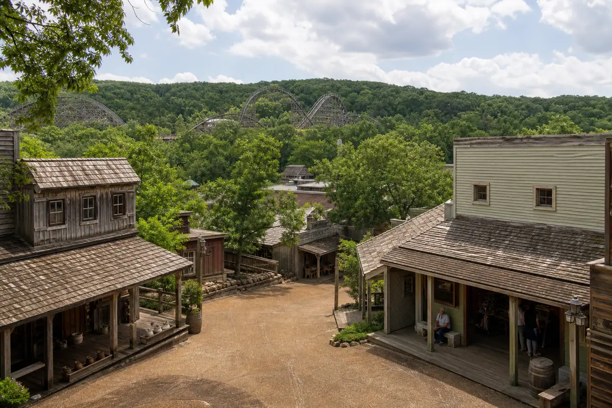 Photoreal travel-editorial view of Silver Dollar City in Branson, Missouri