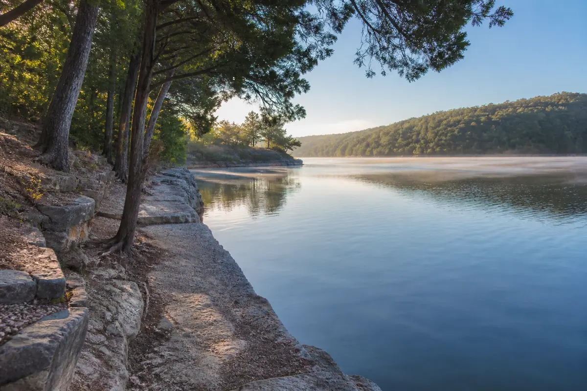 Photoreal travel-editorial view of Table Rock State Park in Branson, Missouri