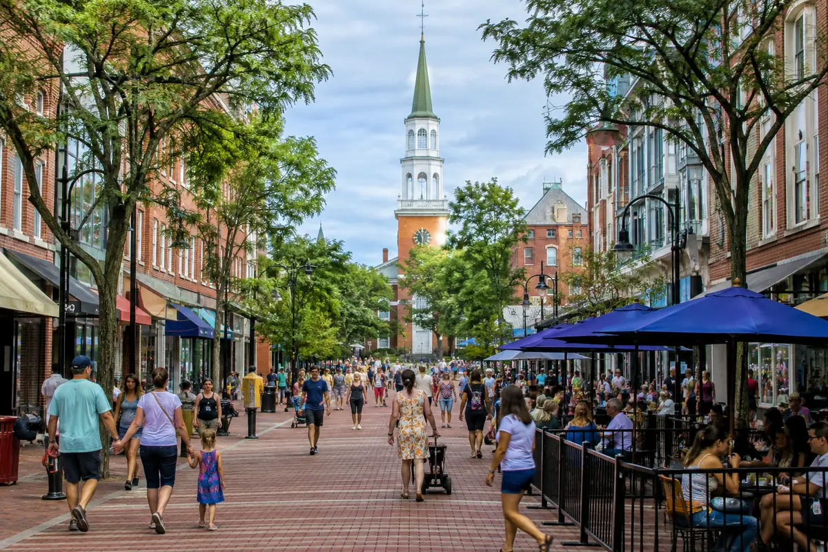 Travel-editorial view of Church Street Marketplace in Burlington, Vermont