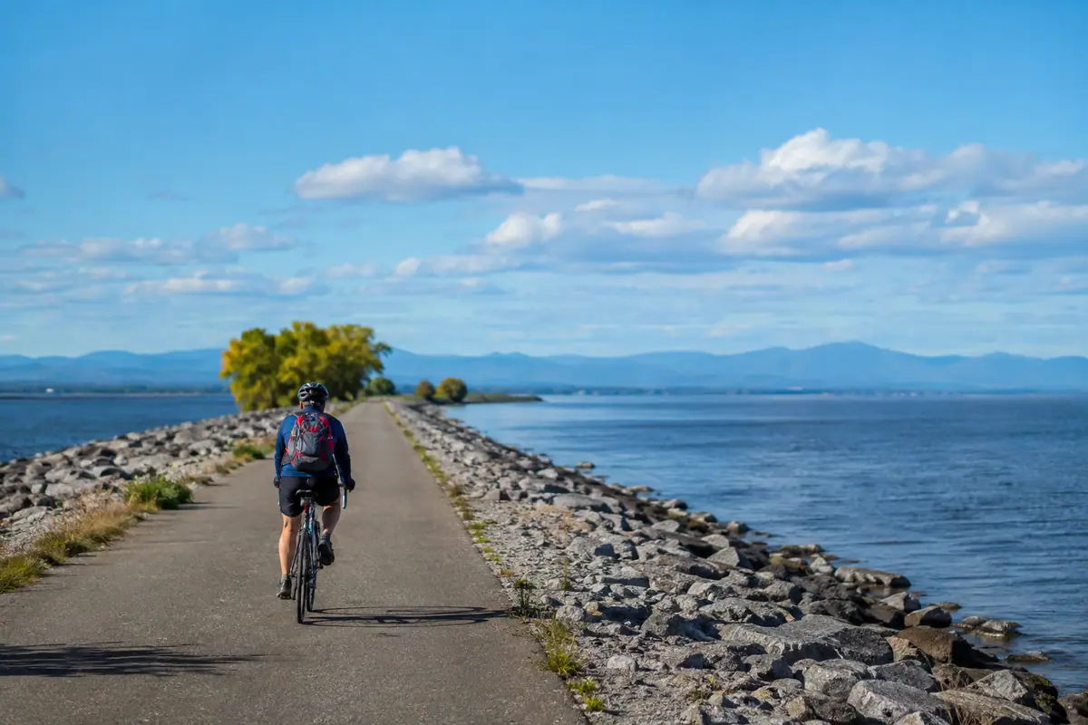 Travel-editorial view of Island Line Trail and Colchester Causeway in Burlington, Vermont