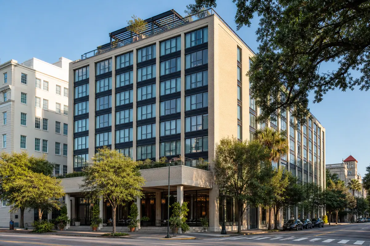 Photoreal exterior of The Dewberry with warm brick facade and understated luxury entrance