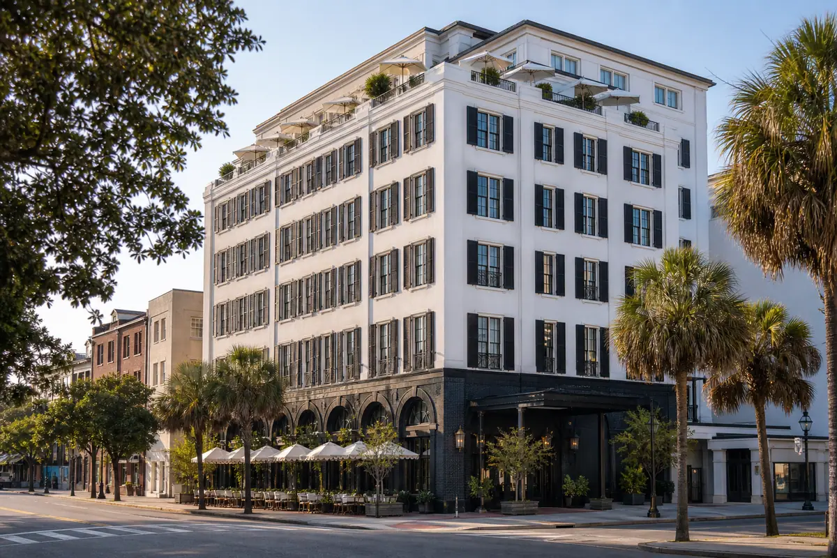 Photoreal entrance of The Ryder Hotel with palms, planters, and airy boutique styling