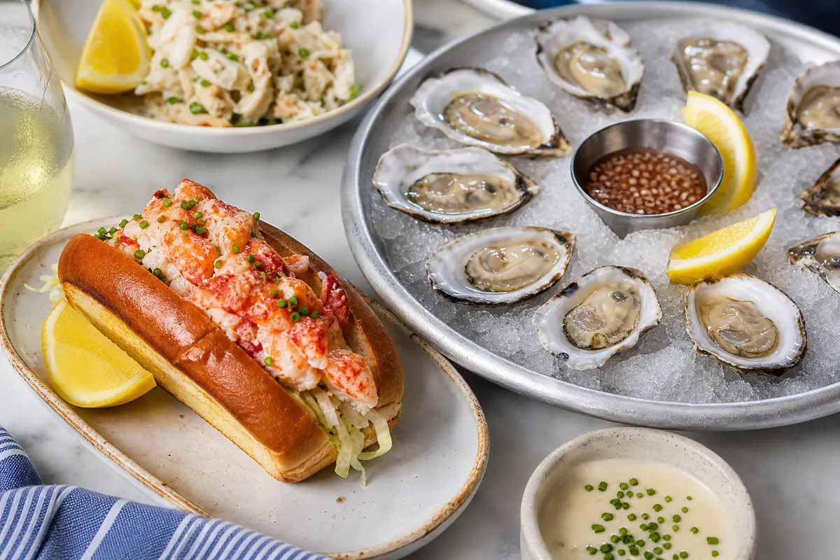 Photoreal coastal seafood plate with lobster roll and oysters representing 167 Raw