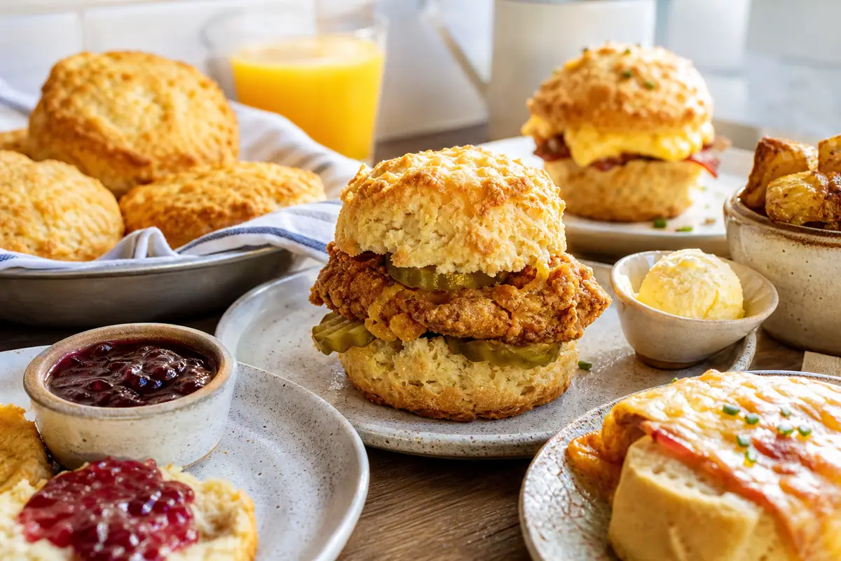 Photoreal Southern biscuit breakfast spread representing Callie's Hot Little Biscuit