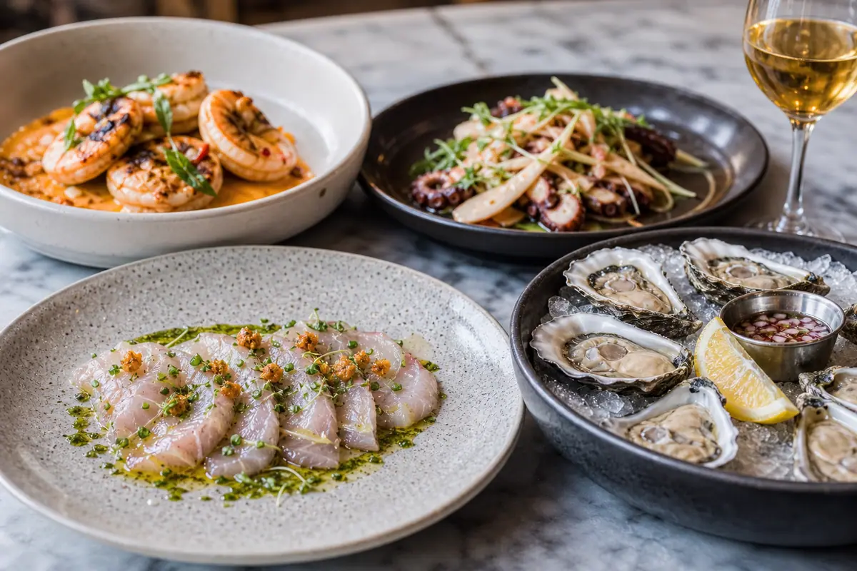 Photoreal refined seafood small plates representing Chubby Fish