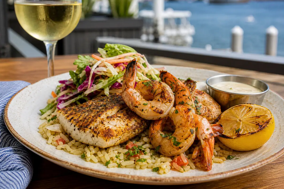 Photoreal coastal seafood plate representing Fleet Landing Restaurant & Bar