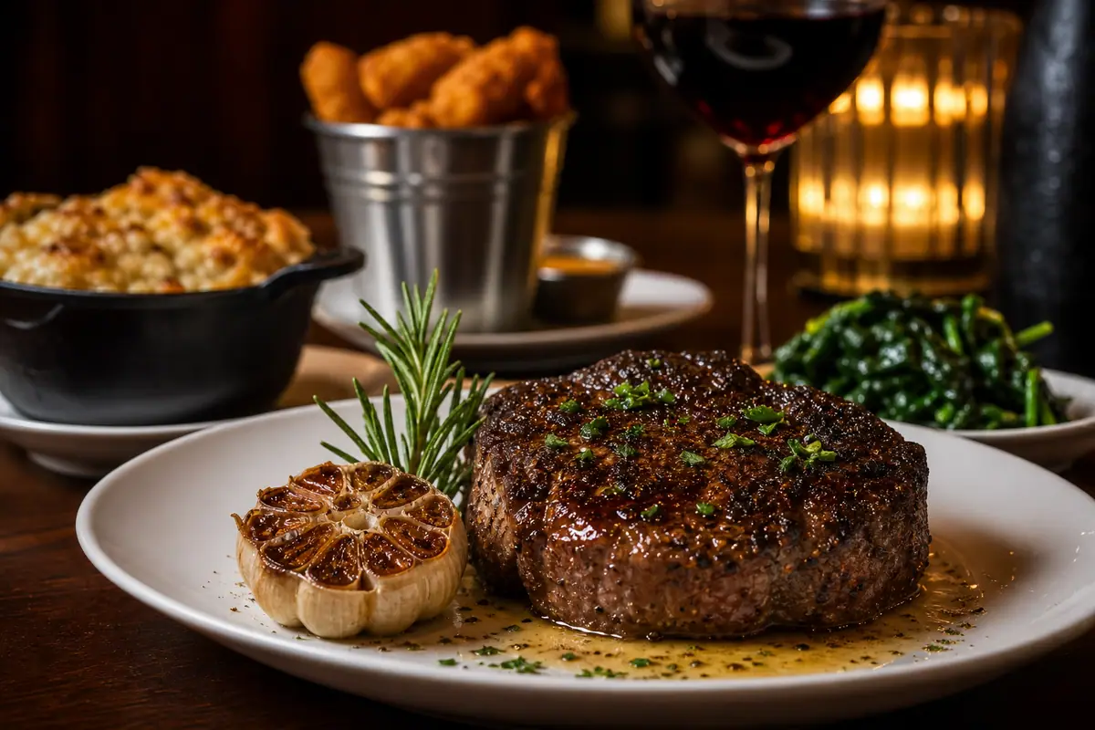 Photoreal premium steakhouse dinner representing Hall's Chophouse Charleston
