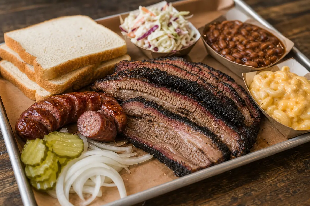 Photoreal Texas-style barbecue tray representing Lewis Barbecue