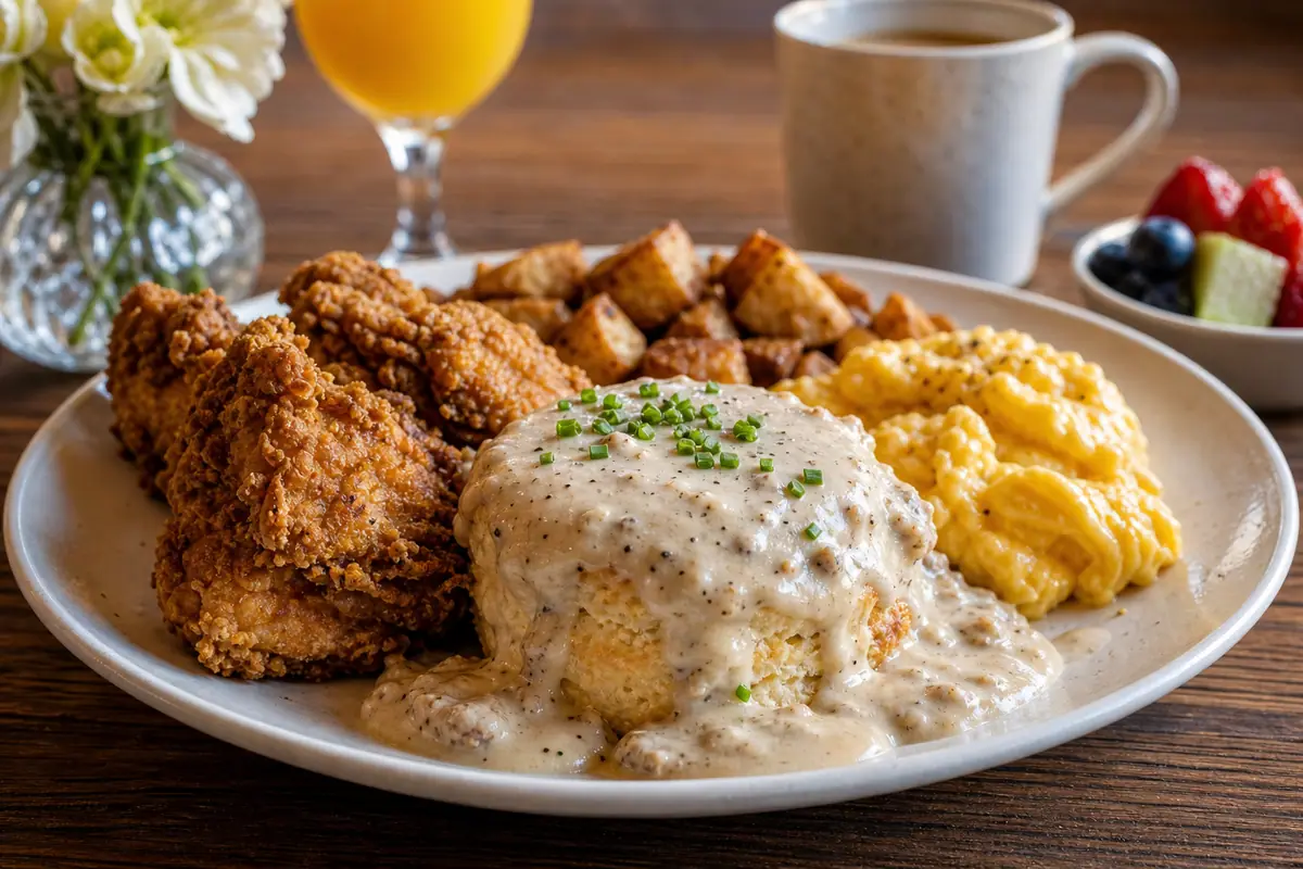 Photoreal Southern brunch plate representing Poogan's Porch