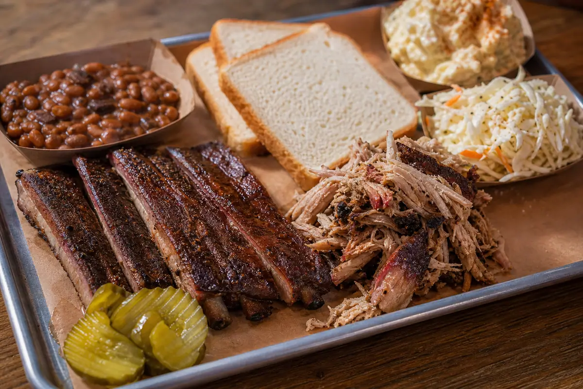 Photoreal barbecue tray representing Rodney Scott's BBQ