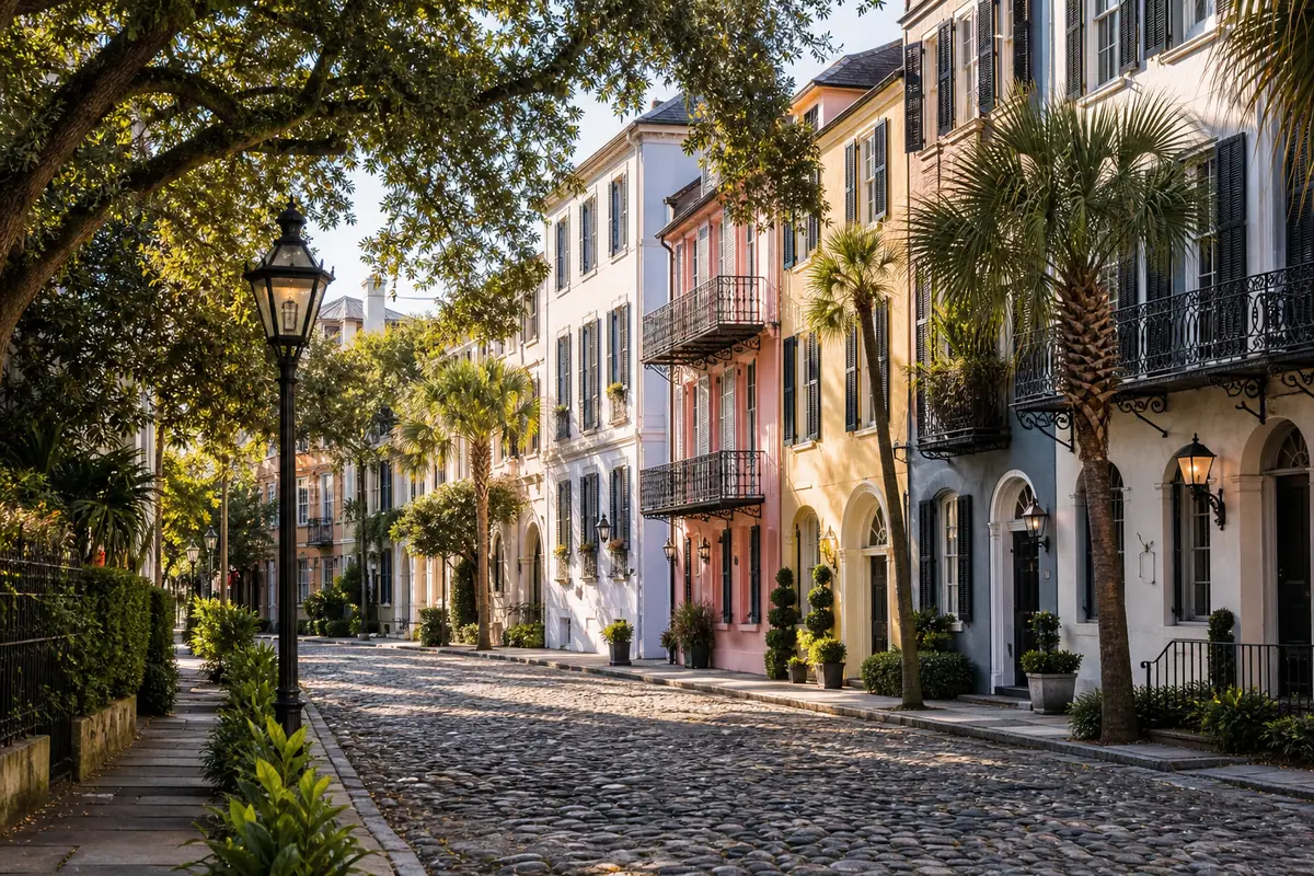 Photoreal Rainbow Row and South of Broad streetscape with pastel historic homes in Charleston