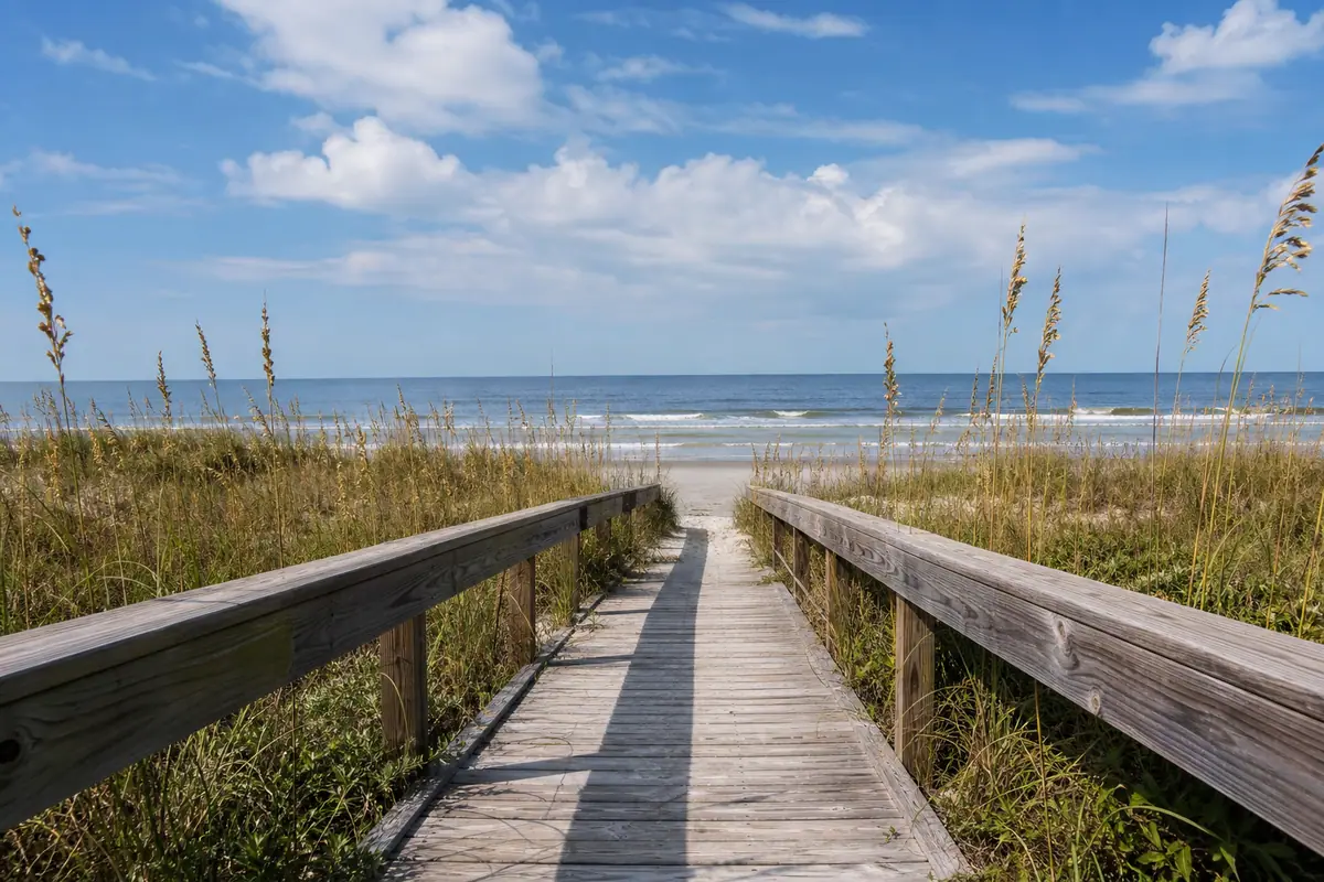 Photoreal Sullivan's Island-style beach boardwalk and shoreline near Charleston